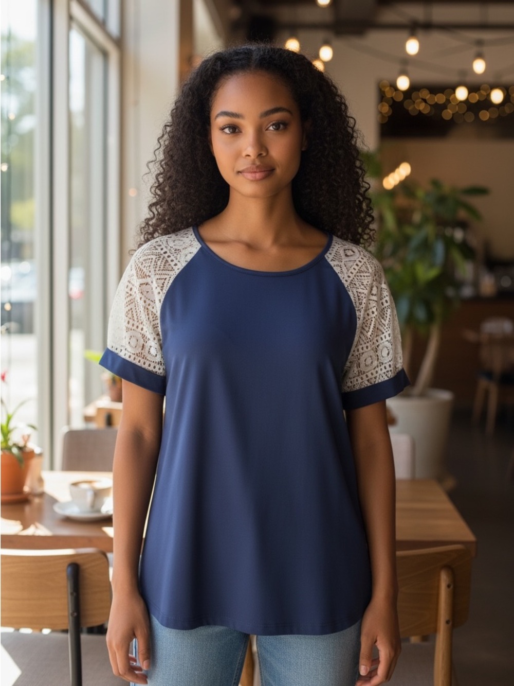 Celmia Navy Blue Top with White Lace Sleeves